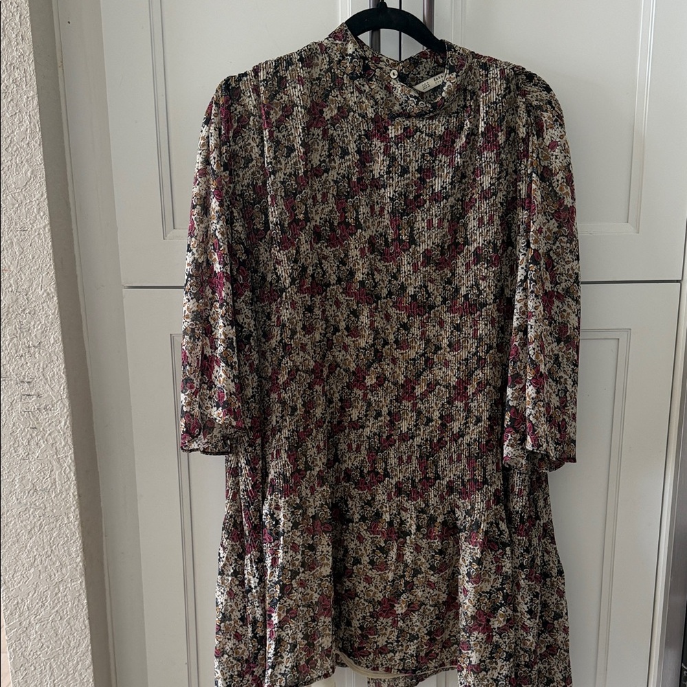 Zara Floral Smocked Dress - Black, Pink & Cream